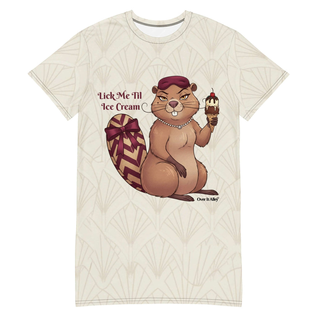 Lick me till Ice Cream Night shirt featuring a cartoon beaver holding an ice cream cone from Scarlett's Beaver™ Collection.