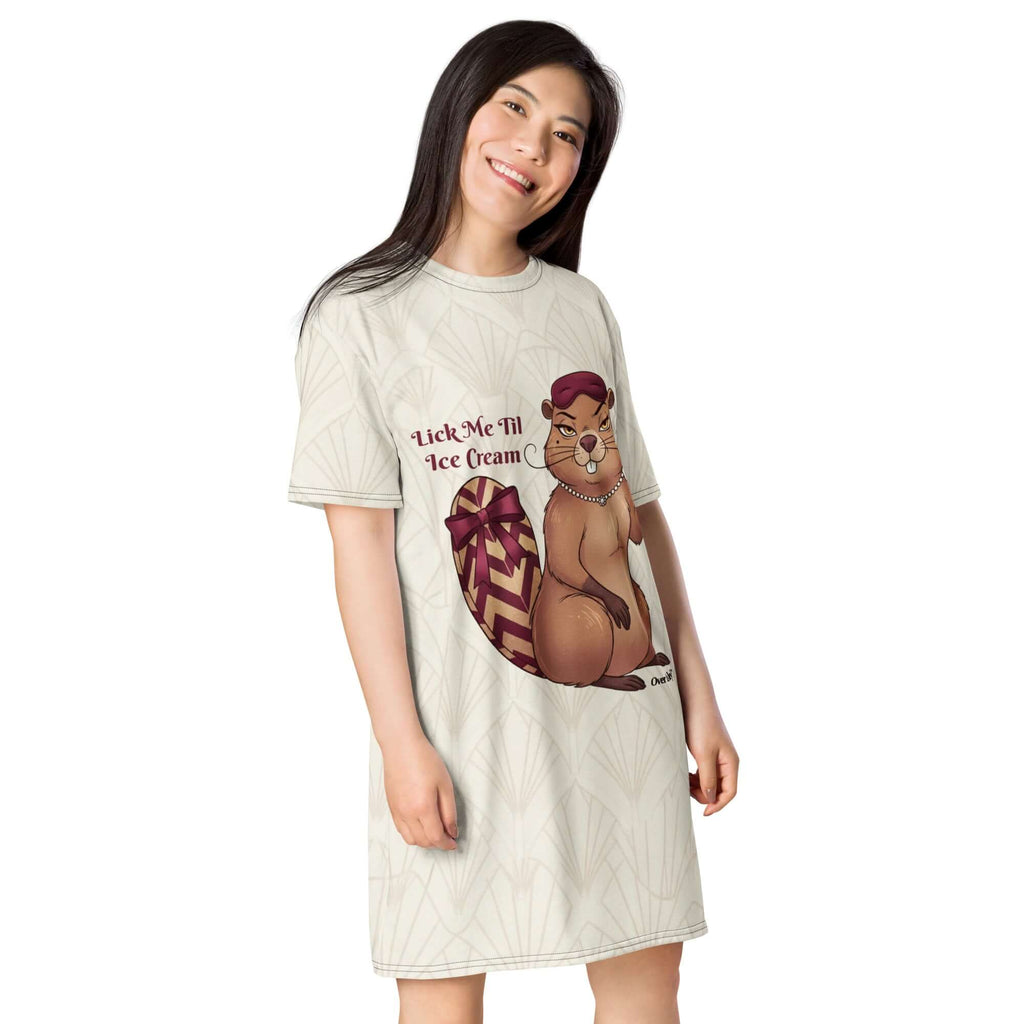 A model wearing the Lick me till Ice Cream Night shirt from Scarlett's Beaver™ Collection with playful beaver graphic.