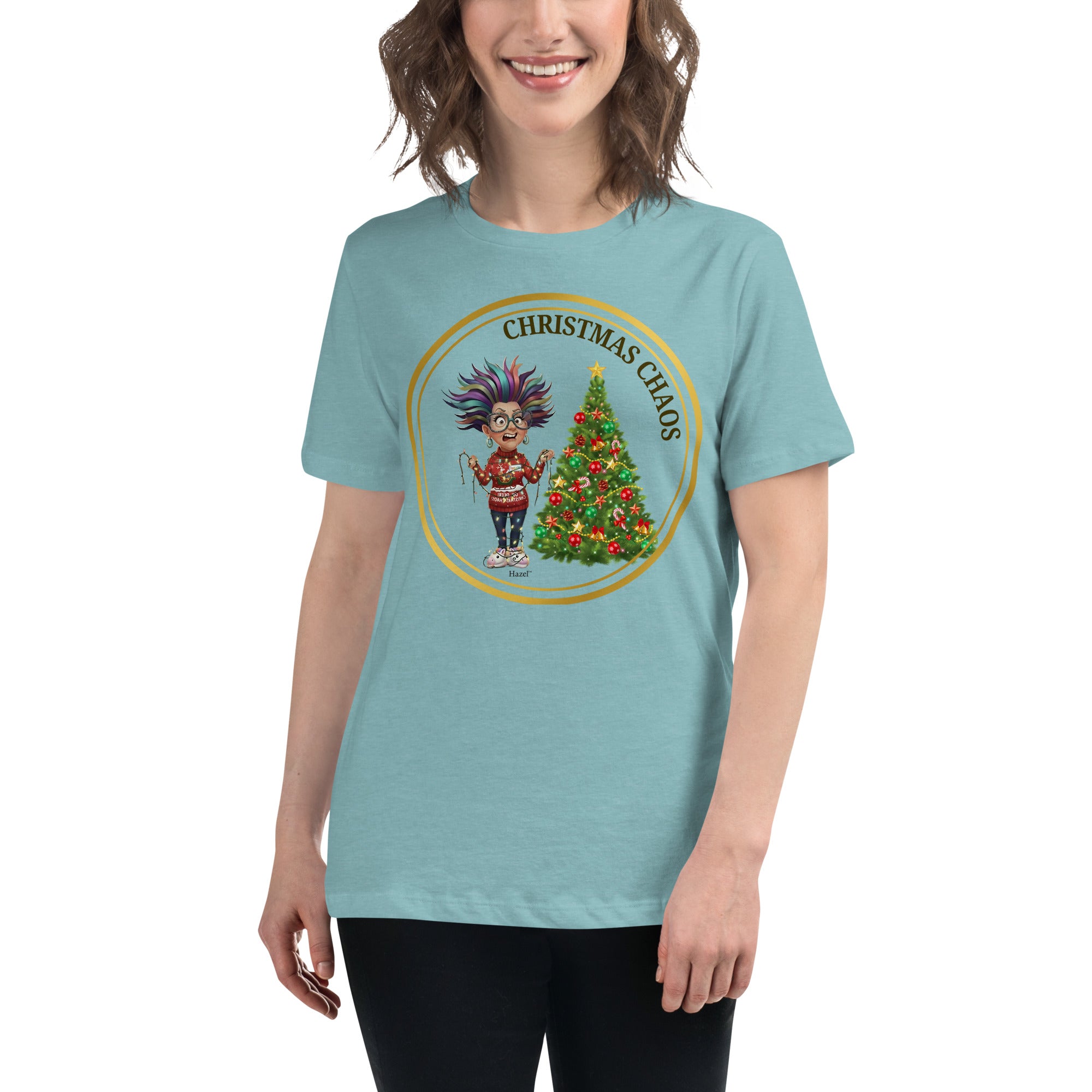 Women Crew Neck Funny Christmas Shirt CHRISTMAS CHAOS™ Tangled Lights 