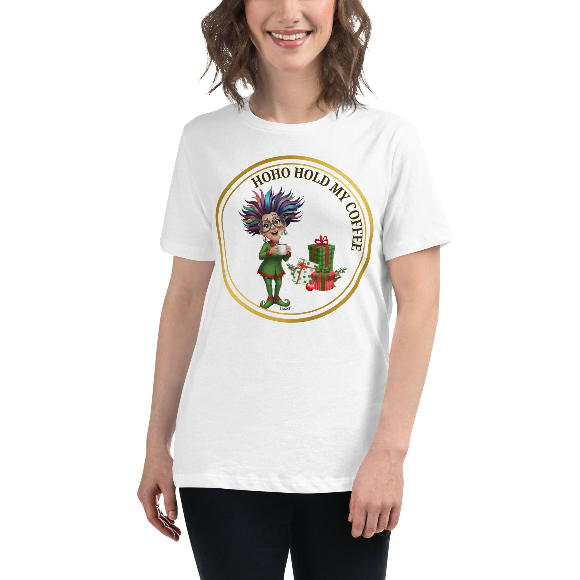 Women Crew Neck Funny Christmas Shirt HO-HO-HOLD MY COFFEE™ Funny Elf