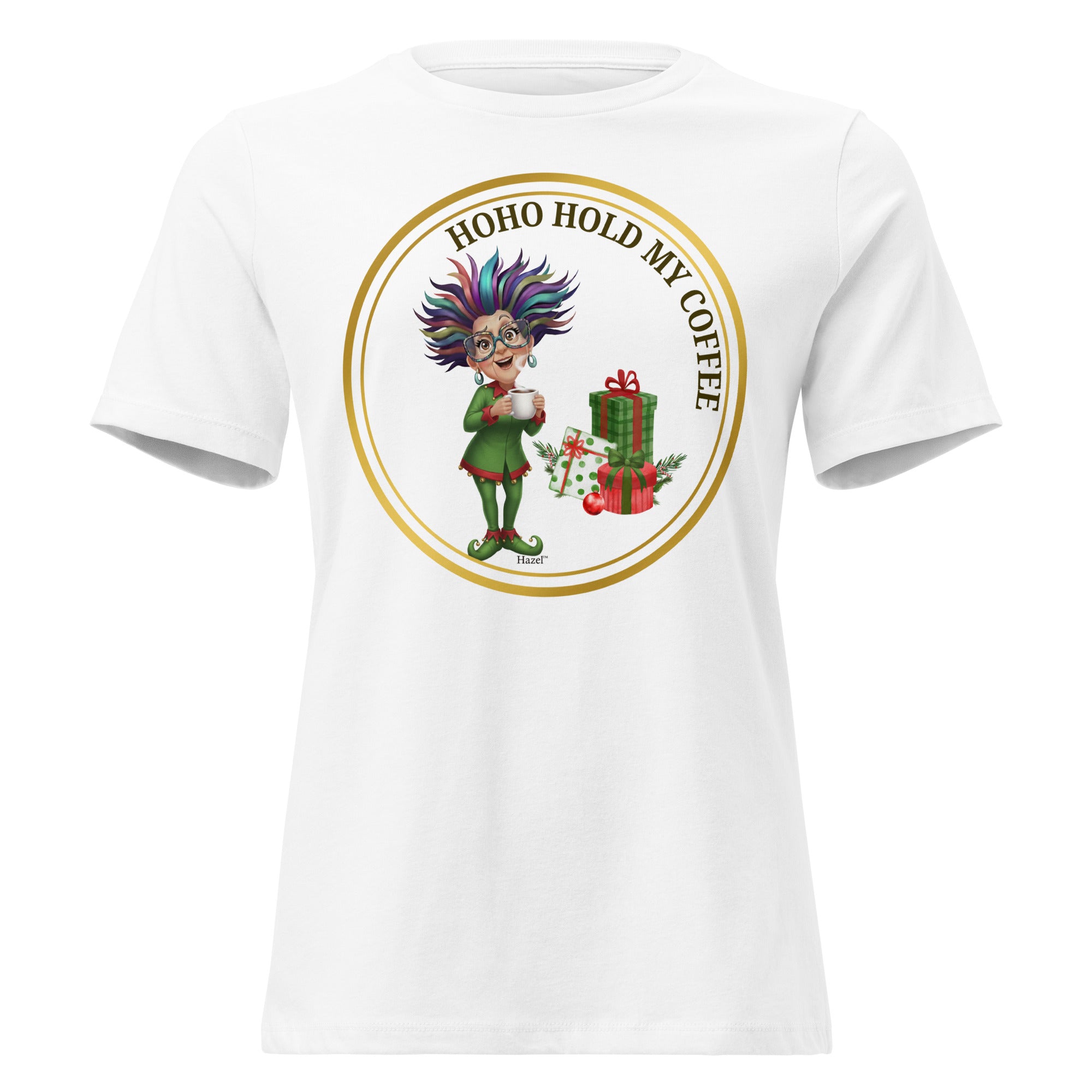 Women Crew Neck Funny Christmas Shirt HO-HO-HOLD MY COFFEE™ Funny Elf