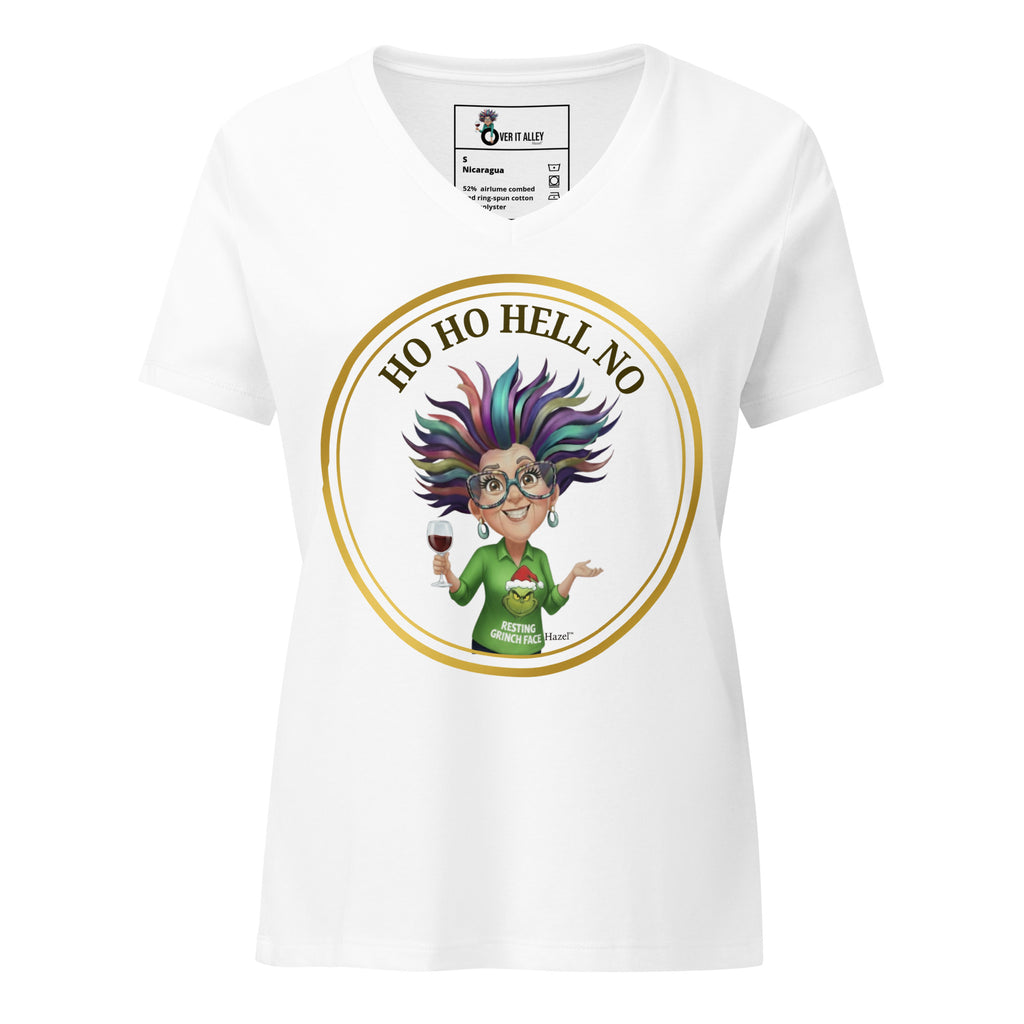 Women's V-Neck Christmas Shirt HO HO HELL NO™ Resting Grinch Face 