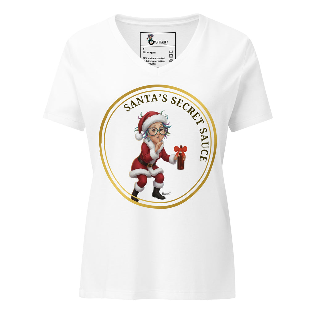 Women's V-Neck Christmas Shirt SANTA'S SECRET SAUCE™ Funny Wine 