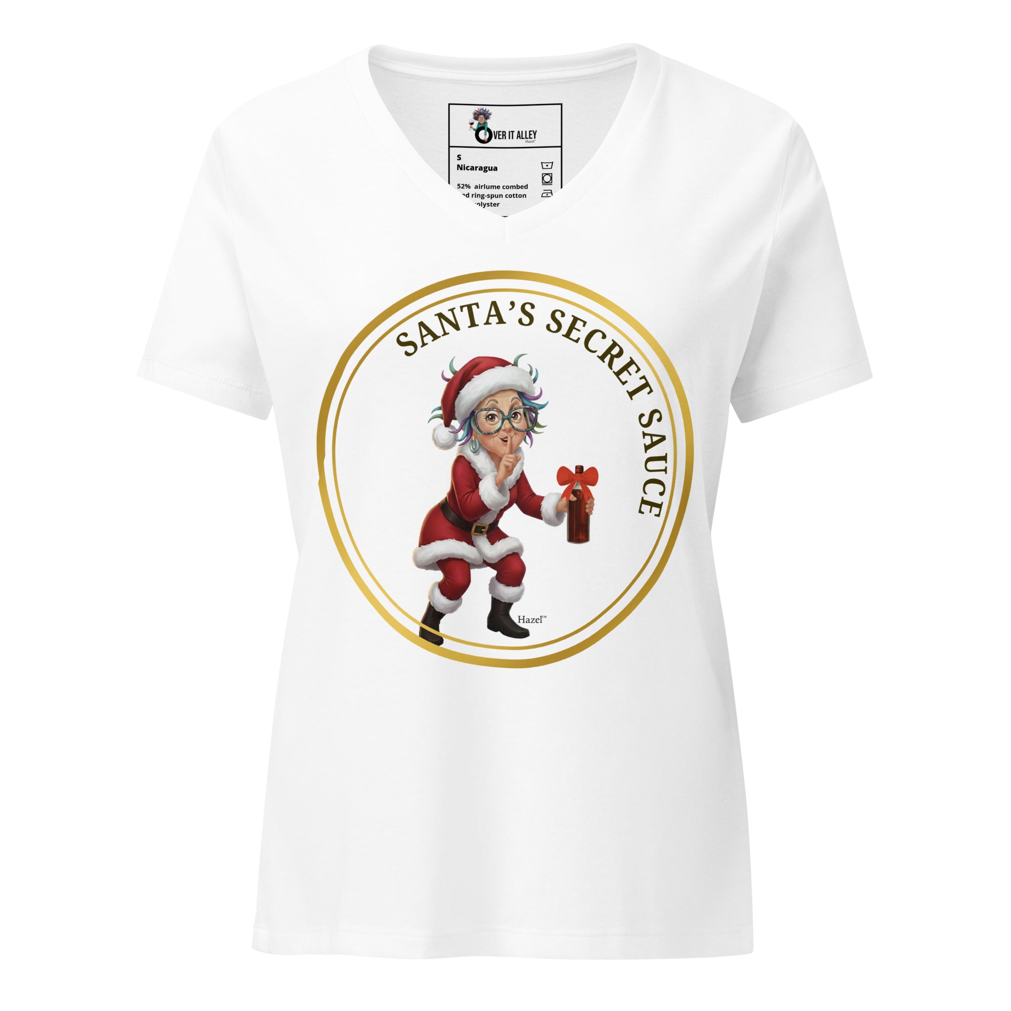 Women's V-Neck Christmas Shirt SANTA'S SECRET SAUCE™ Funny Wine 