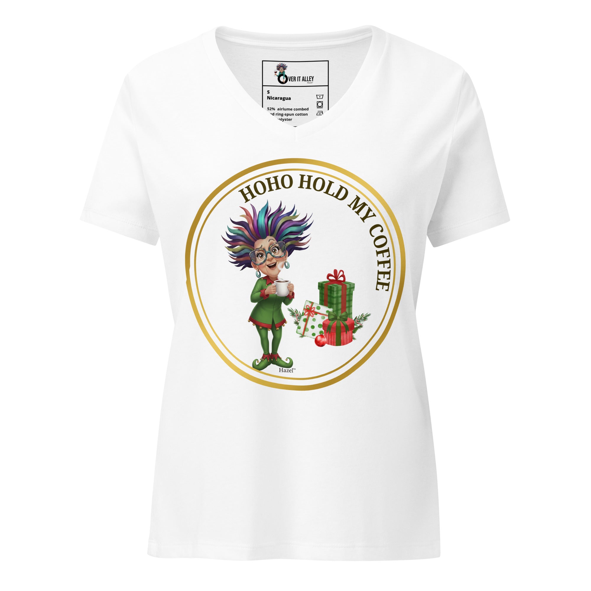 Women's V-Neck Christmas Shirt HO-HO-HOLD MY COFFEE™ Funny Elf