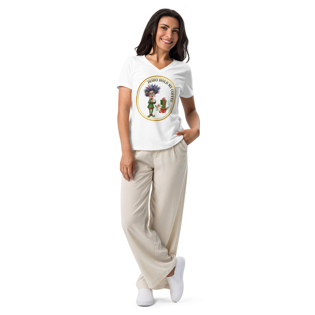 Women's V-Neck Christmas Shirt HO-HO-HOLD MY COFFEE™ Funny Elf