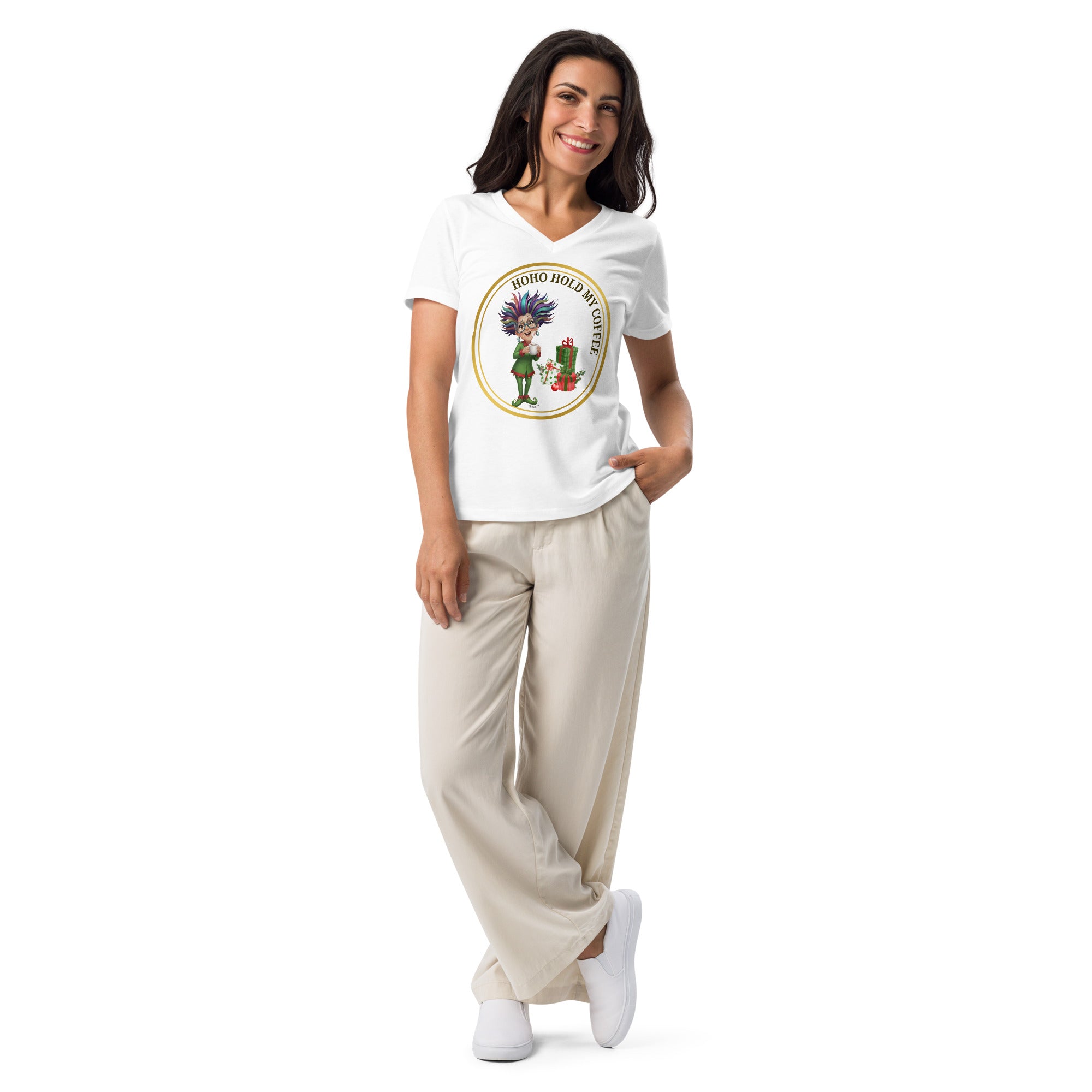 Women's V-Neck Christmas Shirt HO-HO-HOLD MY COFFEE™ Funny Elf